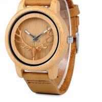 Hollow Deer Head Bamboo Wood Casual Watches with Leather Strap